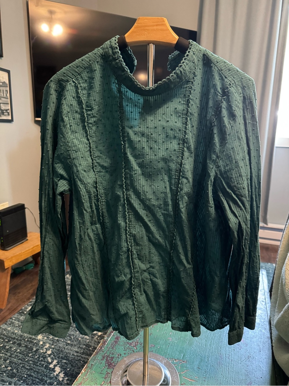 ModCloth Dark Green Textured Long-Sleeve Blouse